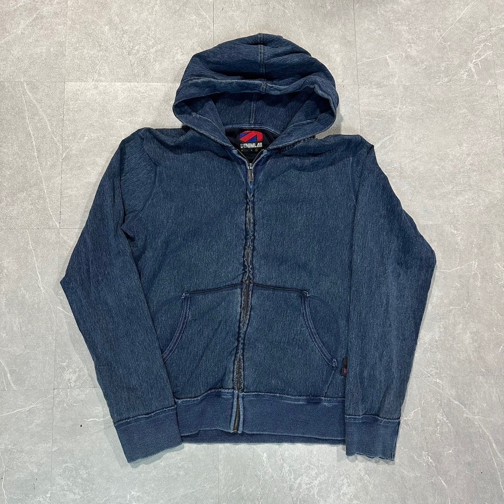 Denimlab Womens Dark Wash Indigo Blue Zip Up Hoodie Sweatshirt Size Large